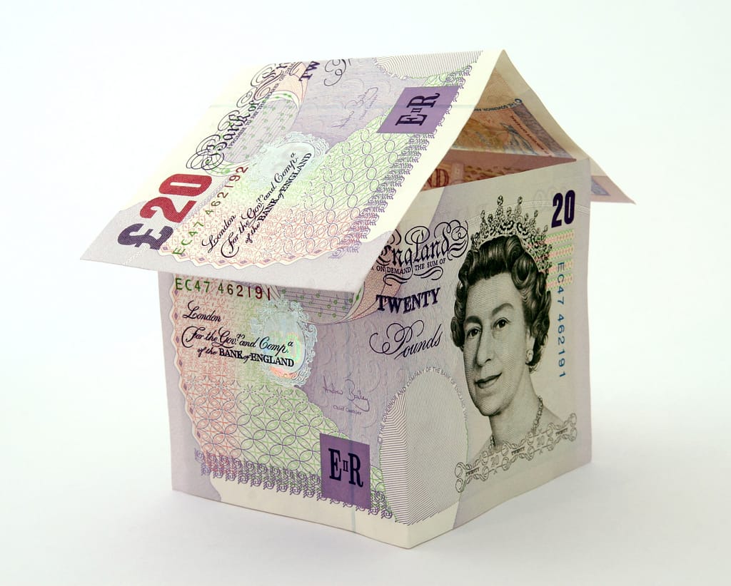 House made of money £20 to signify house or business prices rising